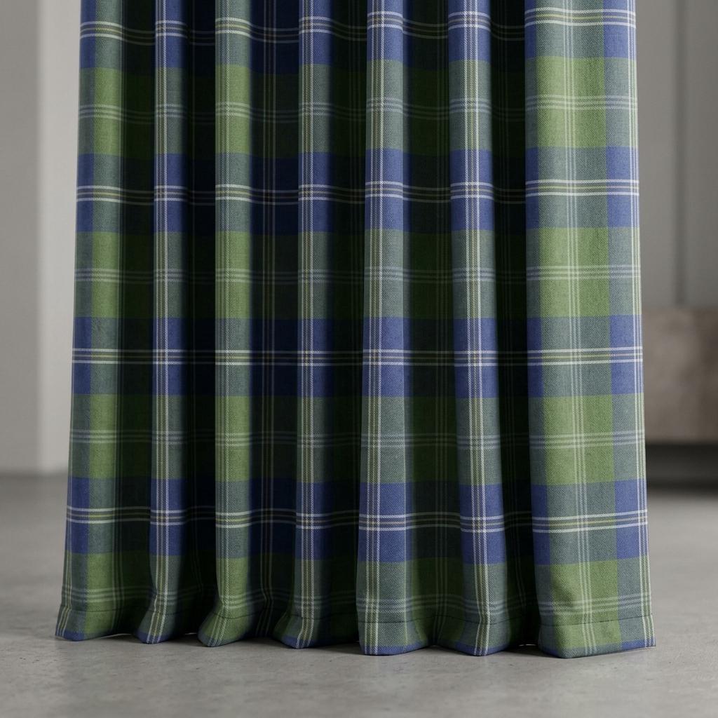Blue Olive Green Plaid Pure Linen Curtains, Heavy Tartan Drapes, Custom Blackout Farmhouse Window Panels — image 3