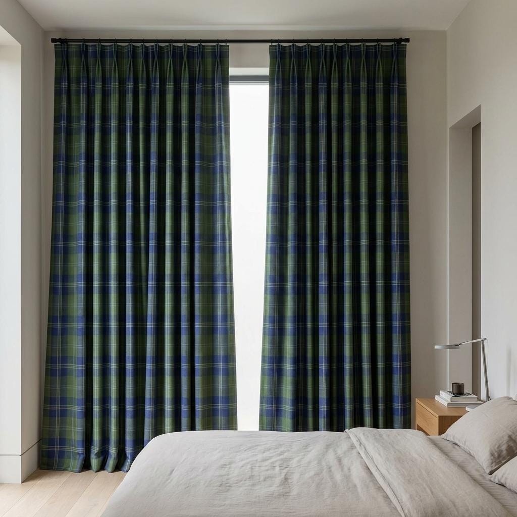 Blue Olive Green Plaid Pure Linen Curtains, Heavy Tartan Drapes, Custom Blackout Farmhouse Window Panels — image 6