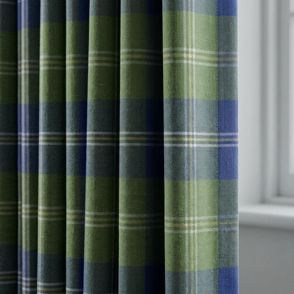Blue Olive Green Plaid Pure Linen Curtains, Heavy Tartan Drapes, Custom Blackout Farmhouse Window Panels — image 1
