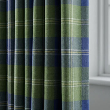 Blue Olive Green Plaid Pure Linen Curtains, Heavy Tartan Drapes, Custom Blackout Farmhouse Window Panels — image 1