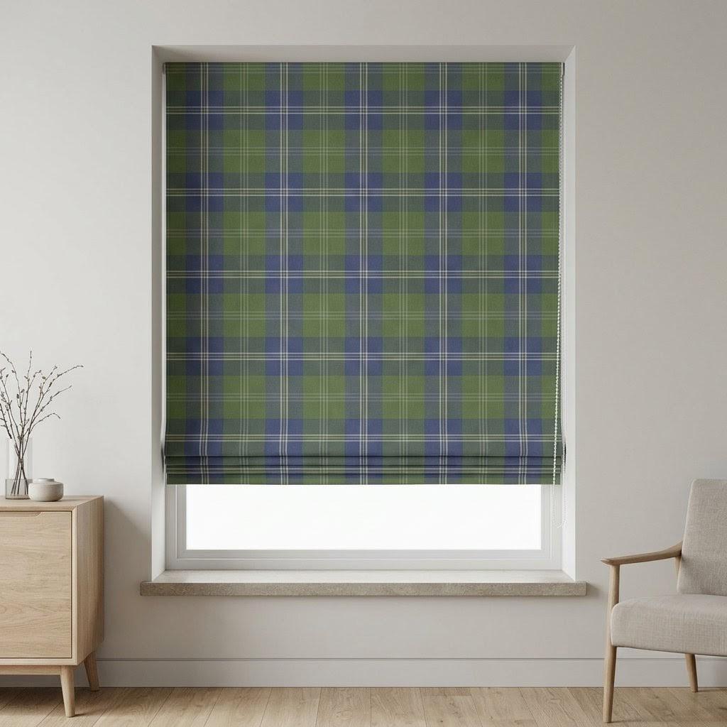 Olive Green Navy Blue Plaid Pure Linen Roman Shade, Custom Tartan Check Window Blind, Blackout or Light Filtering Corded Shade — image 1