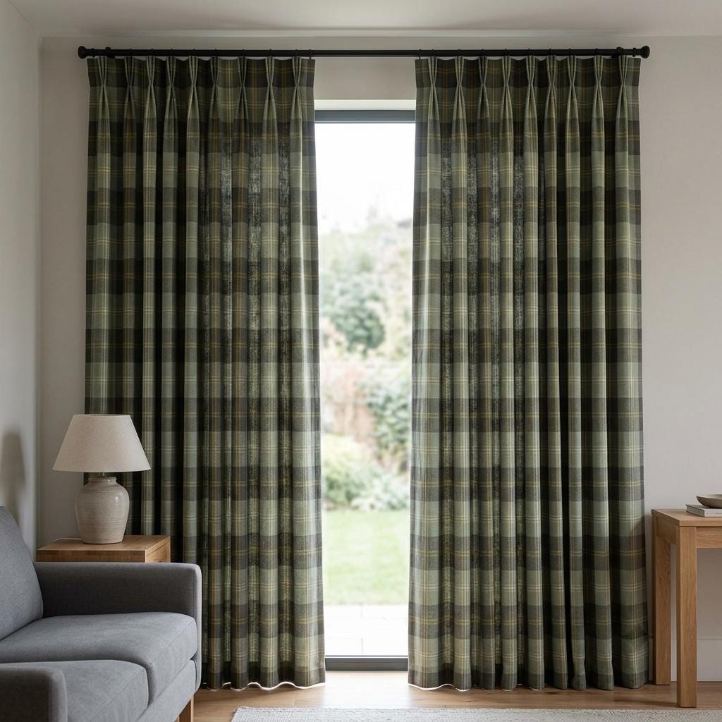 Sage Green Plaid Pure Linen Curtains, Charcoal Gray Mustard Tartan Drapes, Custom Blackout Farmhouse Panels — image 3