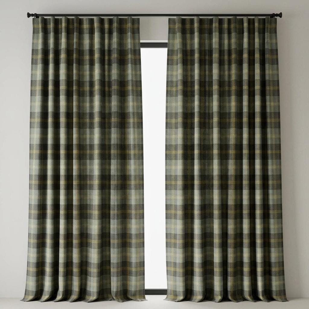 Sage Green Plaid Pure Linen Curtains, Charcoal Gray Mustard Tartan Drapes, Custom Blackout Farmhouse Panels — image 9