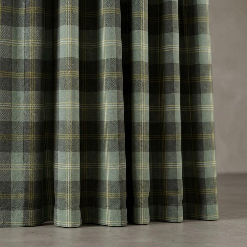 Sage Green Plaid Pure Linen Curtains, Charcoal Gray Mustard Tartan Drapes, Custom Blackout Farmhouse Panels — image 4