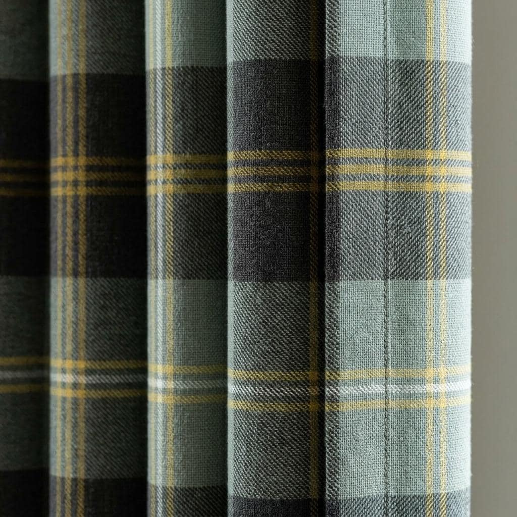 Sage Green Plaid Pure Linen Curtains, Charcoal Gray Mustard Tartan Drapes, Custom Blackout Farmhouse Panels — image 8