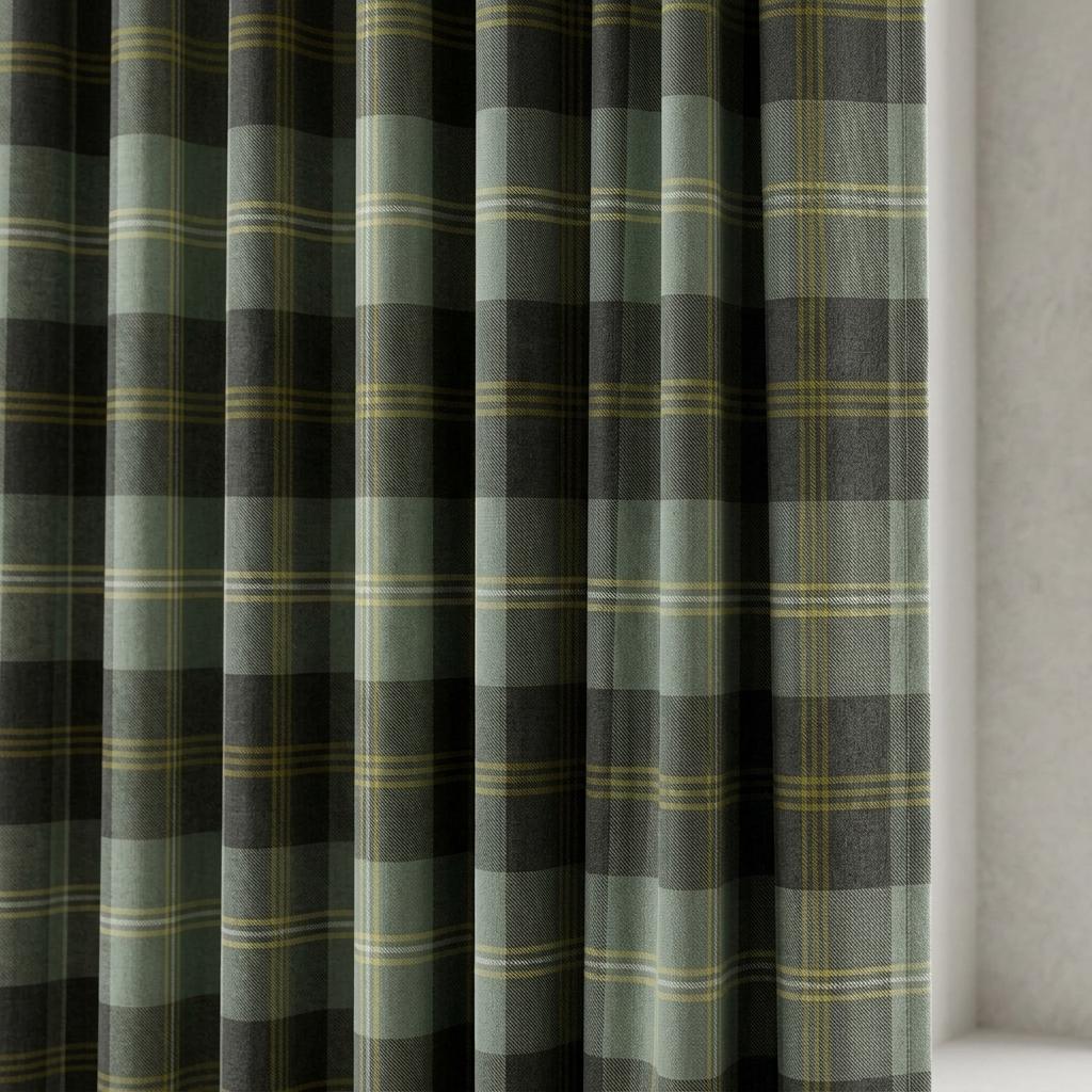 Sage Green Plaid Pure Linen Curtains, Charcoal Gray Mustard Tartan Drapes, Custom Blackout Farmhouse Panels — image 2