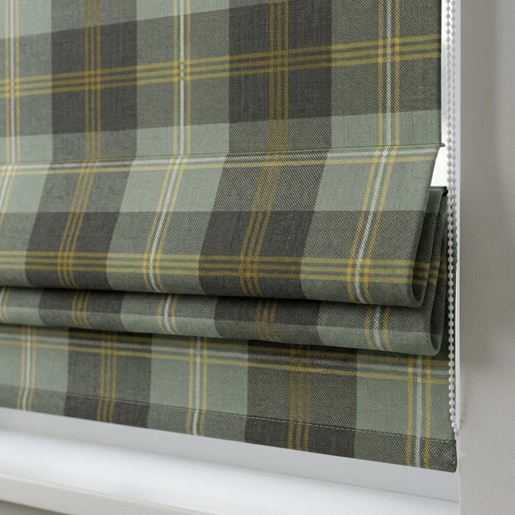 Sage Green Charcoal Plaid Linen Roman Shade, Mustard Tartan Custom Corded Window Blind, Blackout or Light Filtering — image 1