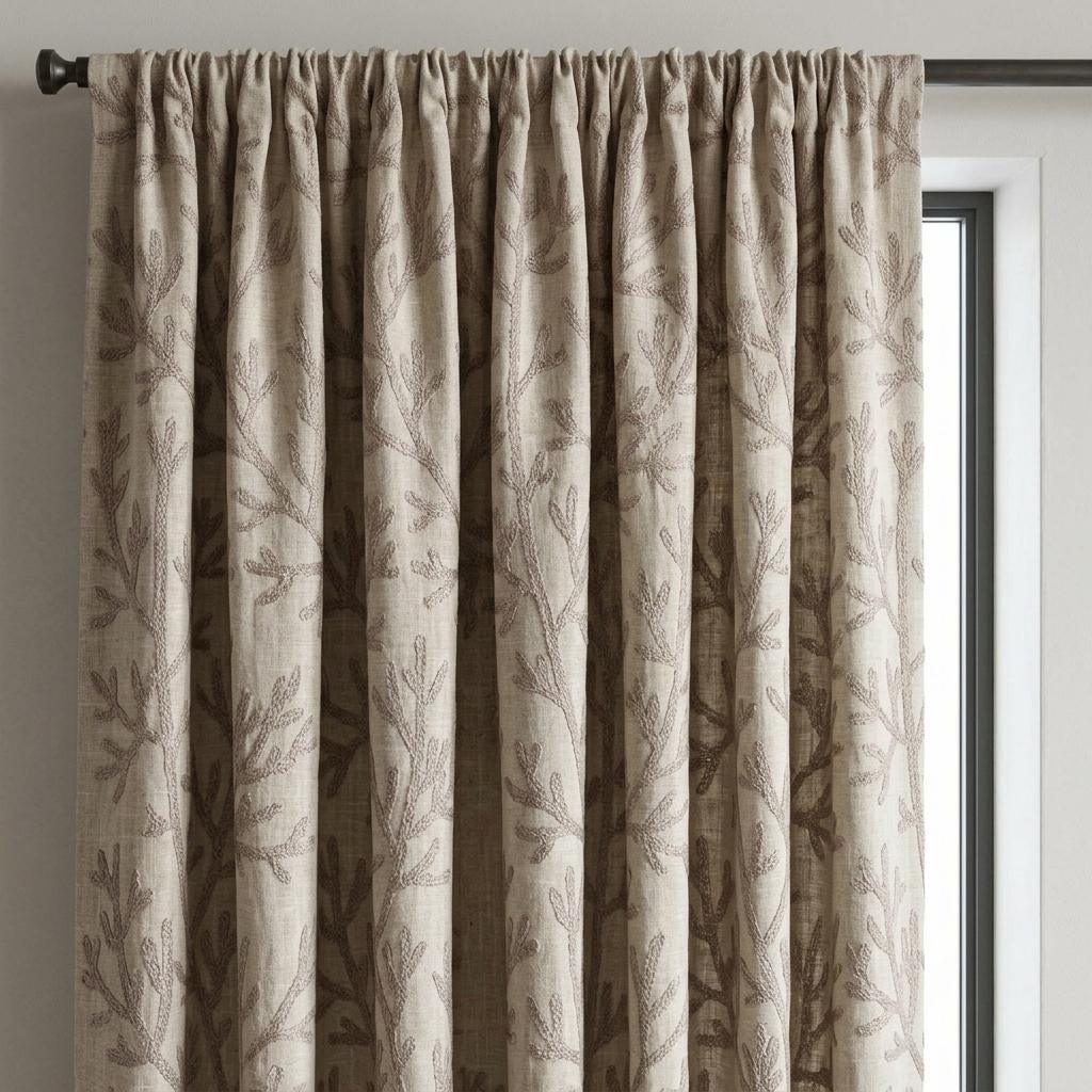 Taupe Branch Linen Curtains, Natural Beige Embroidered Drapes, Custom Blackout Kitchen Living Room Curtain Panels — image 3