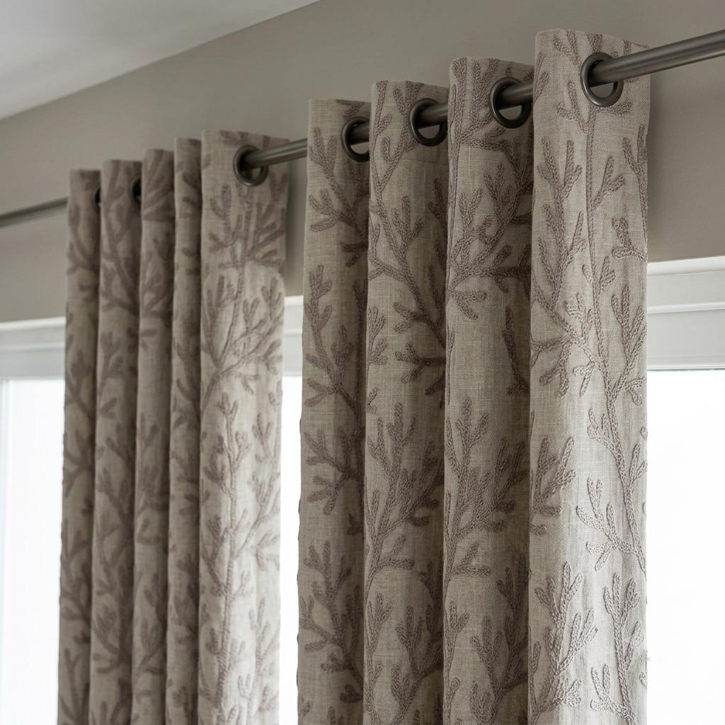Taupe Branch Linen Curtains, Natural Beige Embroidered Drapes, Custom Blackout Kitchen Living Room Curtain Panels — image 7