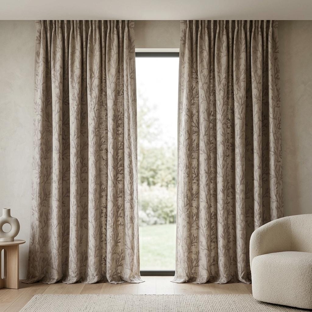 Taupe Branch Linen Curtains, Natural Beige Embroidered Drapes, Custom Blackout Kitchen Living Room Curtain Panels — image 4