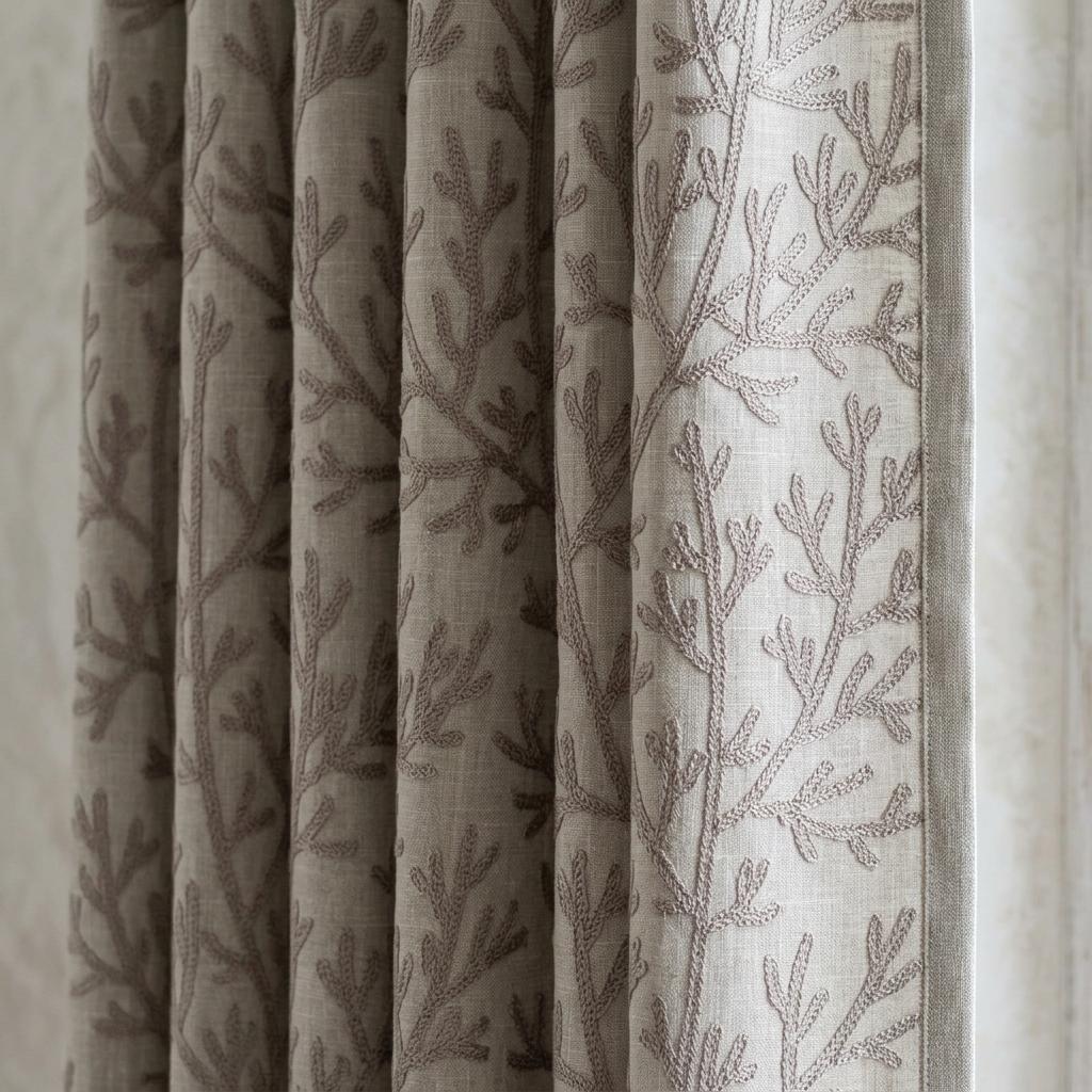 Taupe Branch Linen Curtains, Natural Beige Embroidered Drapes, Custom Blackout Kitchen Living Room Curtain Panels — image 5