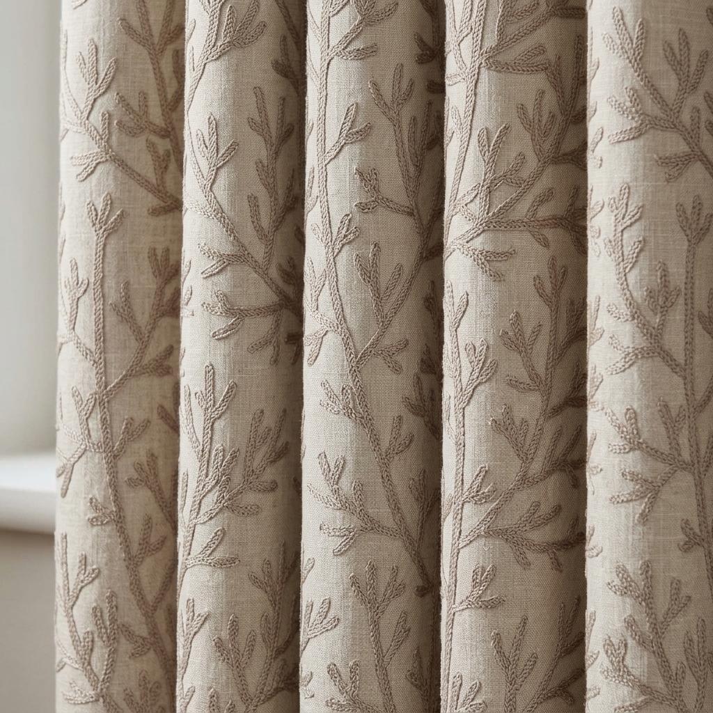 Taupe Branch Linen Curtains, Natural Beige Embroidered Drapes, Custom Blackout Kitchen Living Room Curtain Panels — image 1