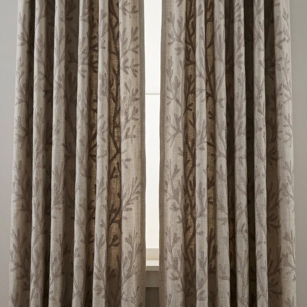 Taupe Branch Linen Curtains, Natural Beige Embroidered Drapes, Custom Blackout Kitchen Living Room Curtain Panels — image 8