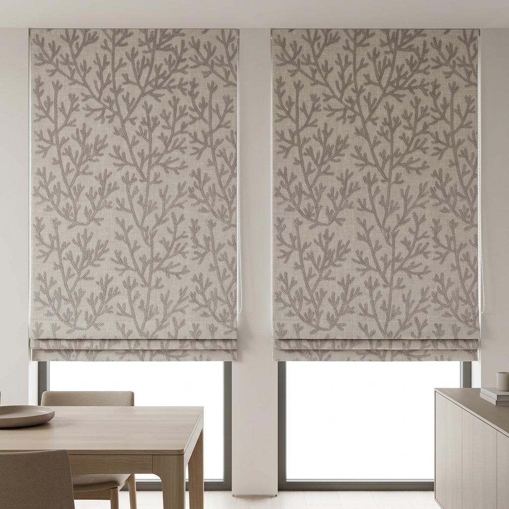 Custom Roman Shades, Natural Linen Roman Blind, Taupe Coral Embroidered Window Treatment, Blackout or Cotton Lined — image 6