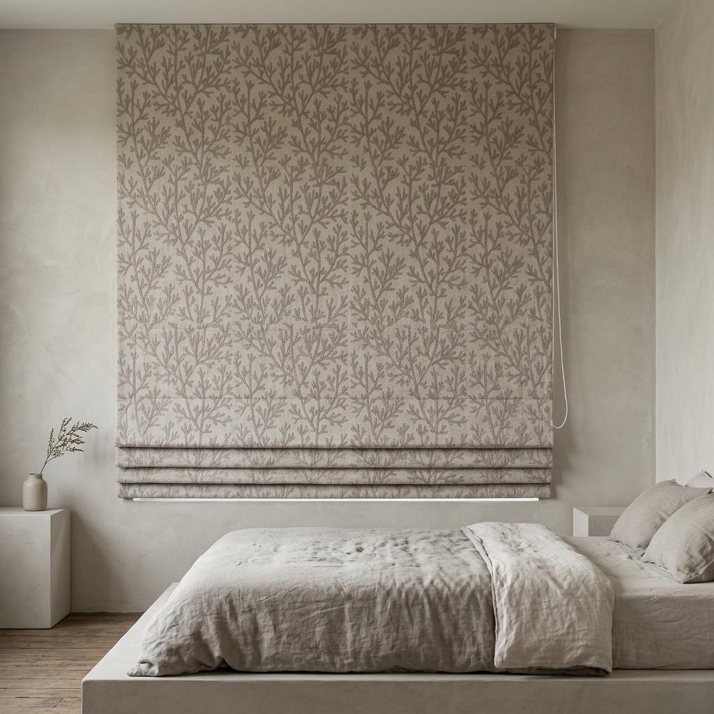 Custom Roman Shades, Natural Linen Roman Blind, Taupe Coral Embroidered Window Treatment, Blackout or Cotton Lined — image 1