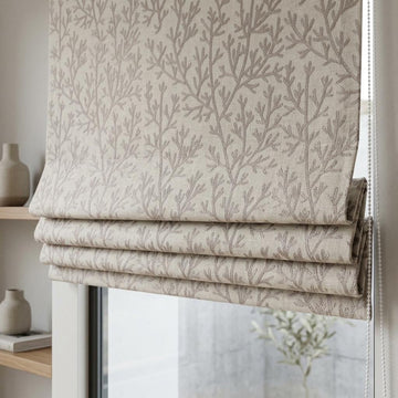 Custom Roman Shades, Natural Linen Roman Blind, Taupe Coral Embroidered Window Treatment, Blackout or Cotton Lined — image 1