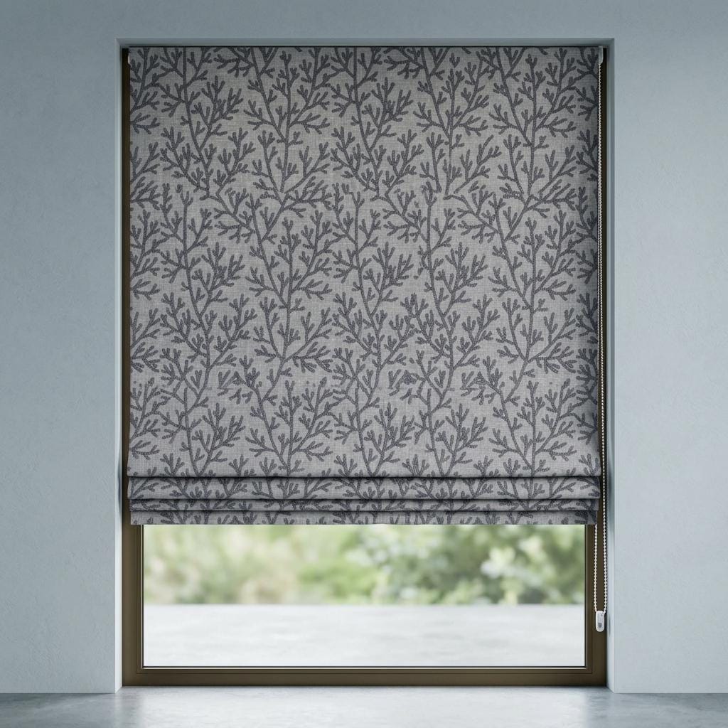 Custom Roman Shades, Light Gray Linen Roman Blind, Charcoal Coral Embroidered Window Treatment, Blackout or Cotton Lined — image 10