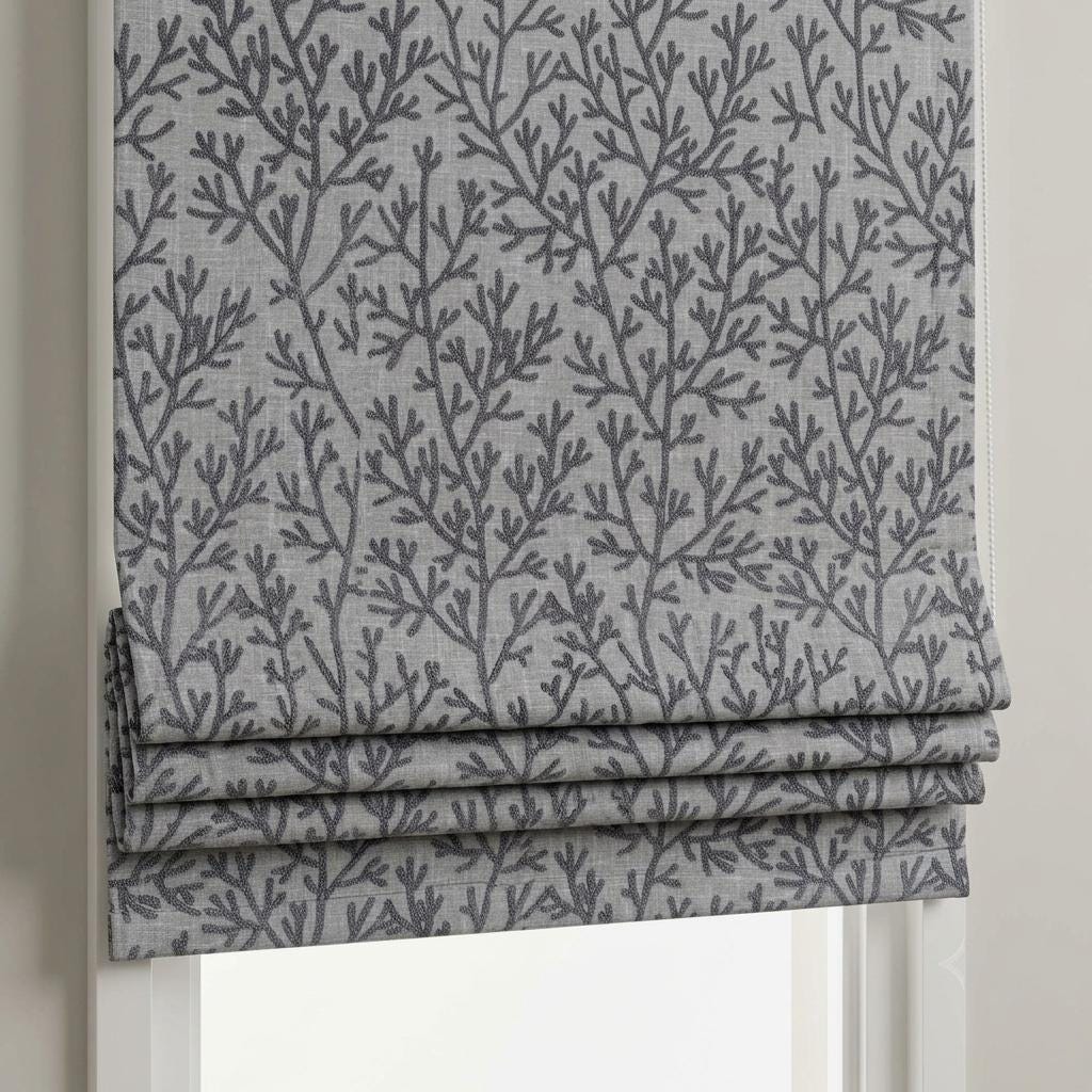 Custom Roman Shades, Light Gray Linen Roman Blind, Charcoal Coral Embroidered Window Treatment, Blackout or Cotton Lined — image 4