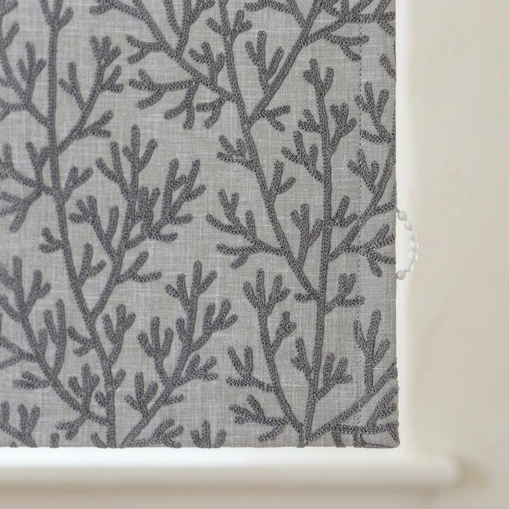 Custom Roman Shades, Light Gray Linen Roman Blind, Charcoal Coral Embroidered Window Treatment, Blackout or Cotton Lined — image 5