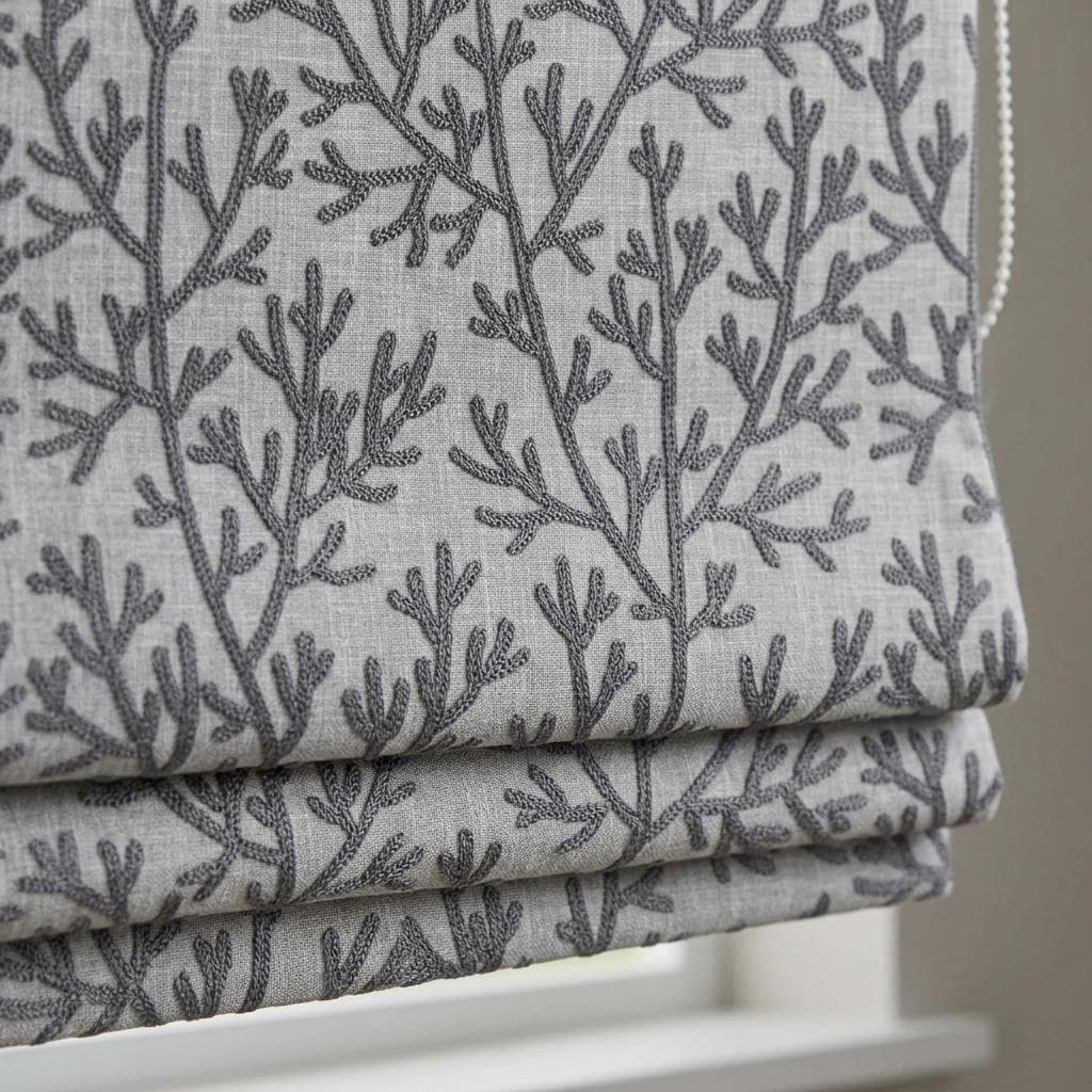 Custom Roman Shades, Light Gray Linen Roman Blind, Charcoal Coral Embroidered Window Treatment, Blackout or Cotton Lined — image 1
