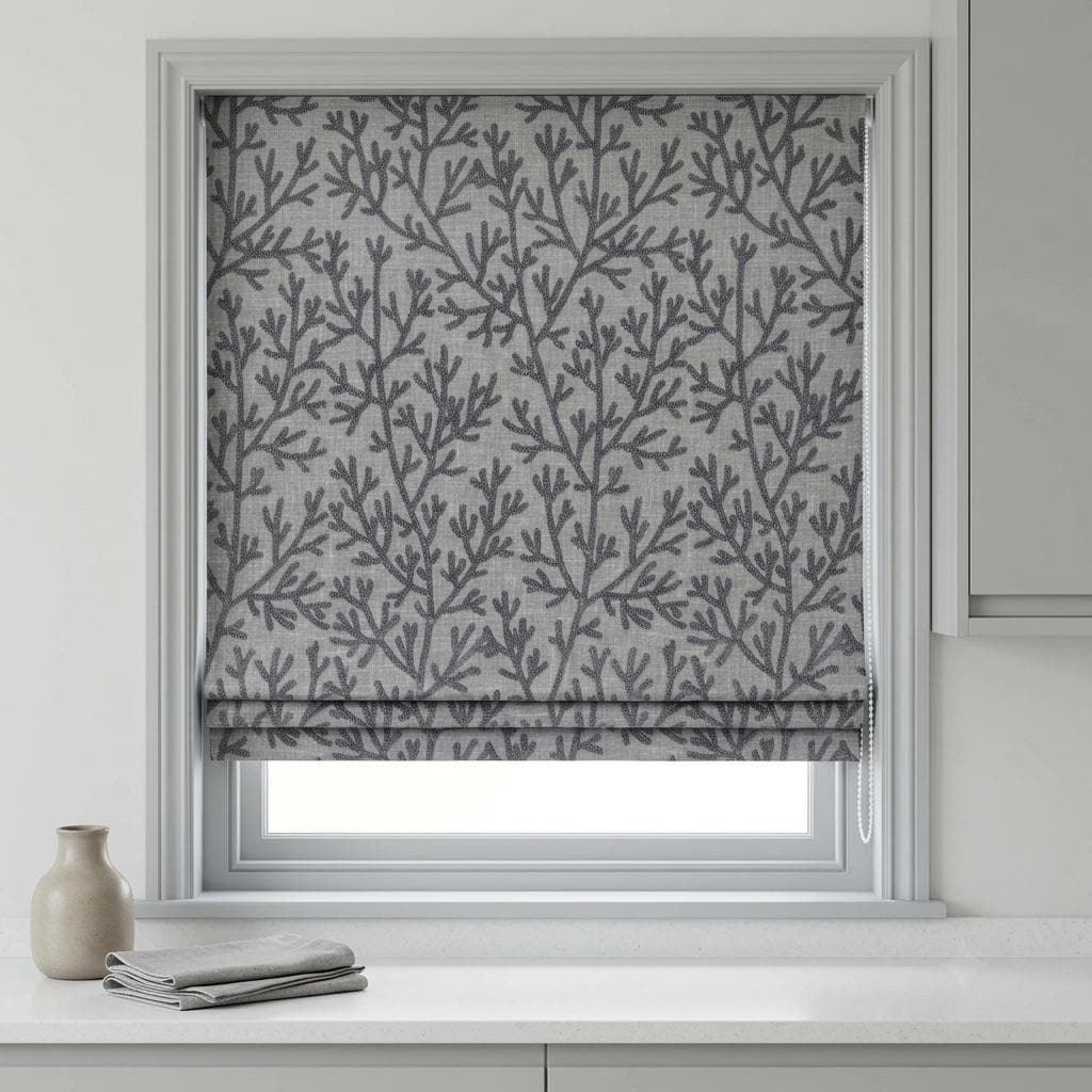 Custom Roman Shades, Light Gray Linen Roman Blind, Charcoal Coral Embroidered Window Treatment, Blackout or Cotton Lined — image 7