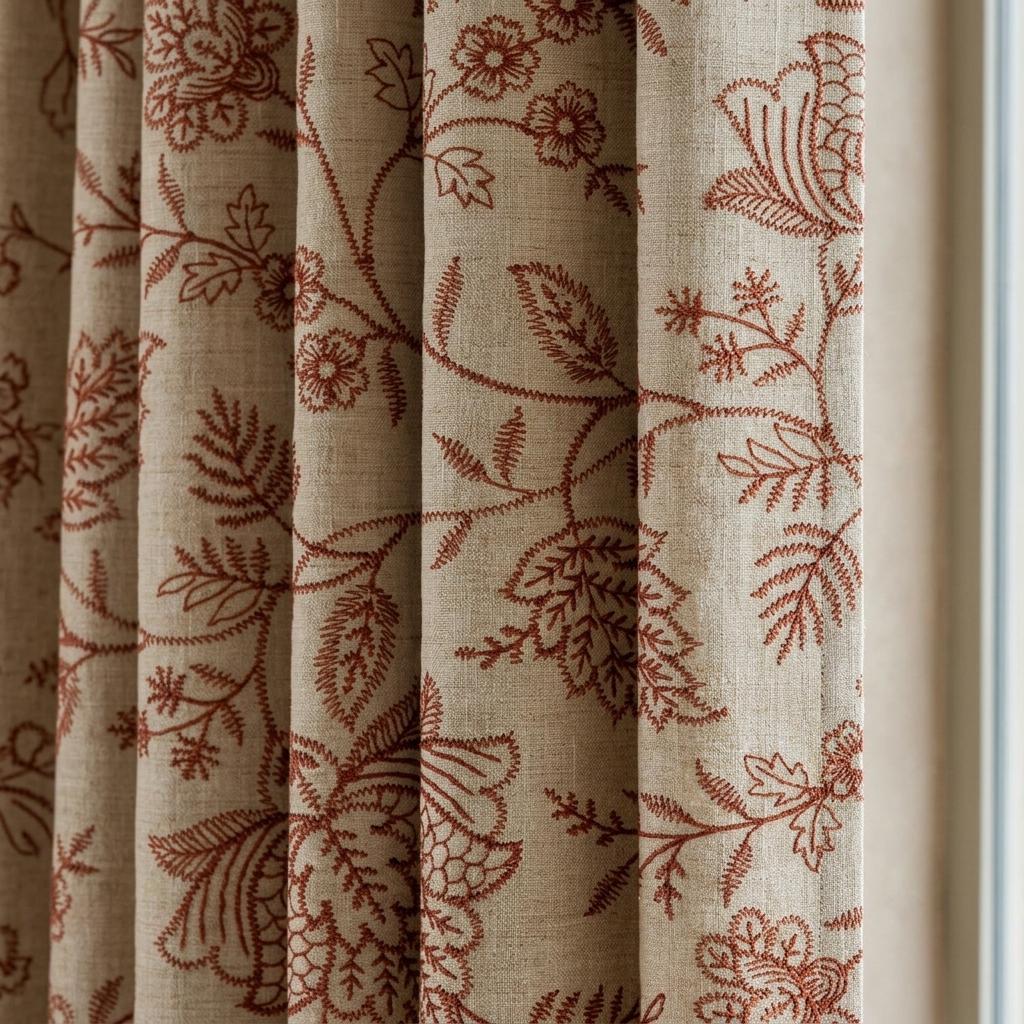 Rust Red Floral Linen Curtains, Natural Beige Jacobean Embroidered Drapes, Custom Blackout Living Room Panels — image 5
