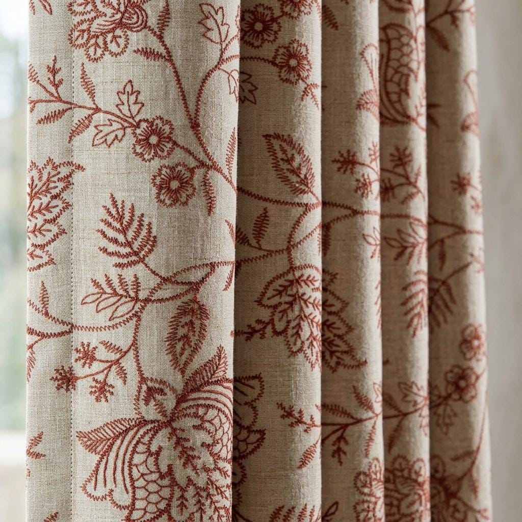 Rust Red Floral Linen Curtains, Natural Beige Jacobean Embroidered Drapes, Custom Blackout Living Room Panels — image 1