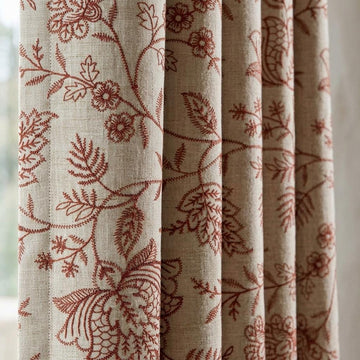 Rust Red Floral Linen Curtains, Natural Beige Jacobean Embroidered Drapes, Custom Blackout Living Room Panels — image 1