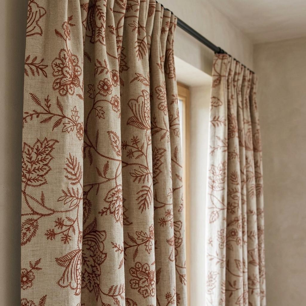 Rust Red Floral Linen Curtains, Natural Beige Jacobean Embroidered Drapes, Custom Blackout Living Room Panels — image 6