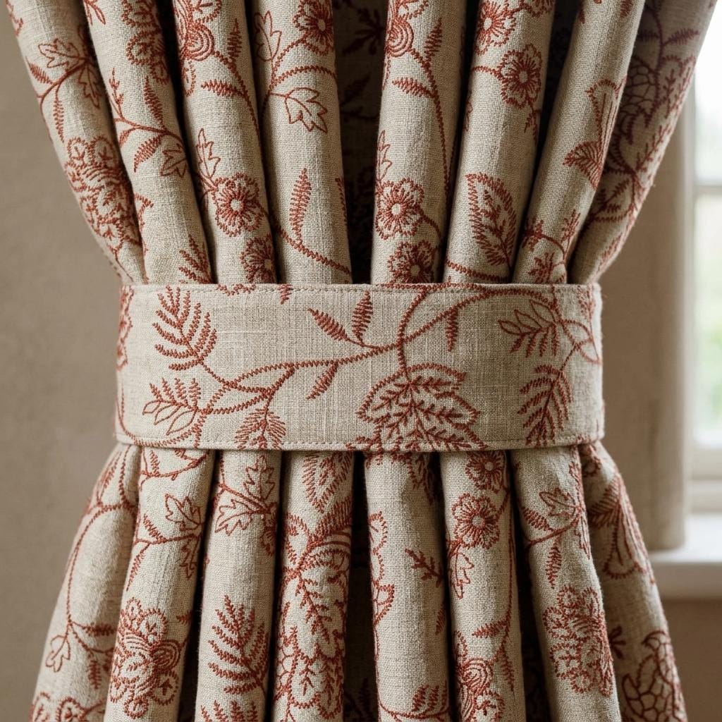 Rust Red Floral Linen Curtains, Natural Beige Jacobean Embroidered Drapes, Custom Blackout Living Room Panels — image 2