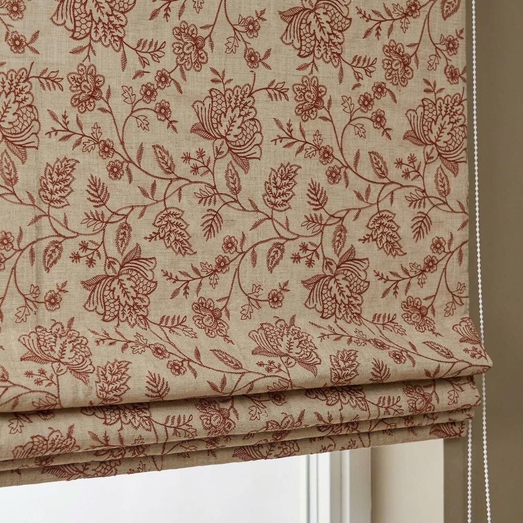 Custom Roman Shades, Beige Linen Roman Blind, Rust Floral Embroidered Window Treatment, Blackout or Cotton Lined — image 3