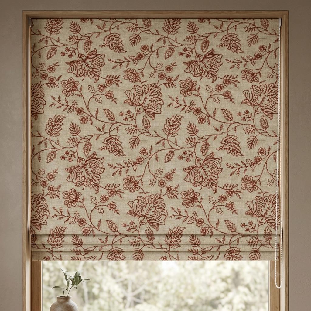 Custom Roman Shades, Beige Linen Roman Blind, Rust Floral Embroidered Window Treatment, Blackout or Cotton Lined — image 4