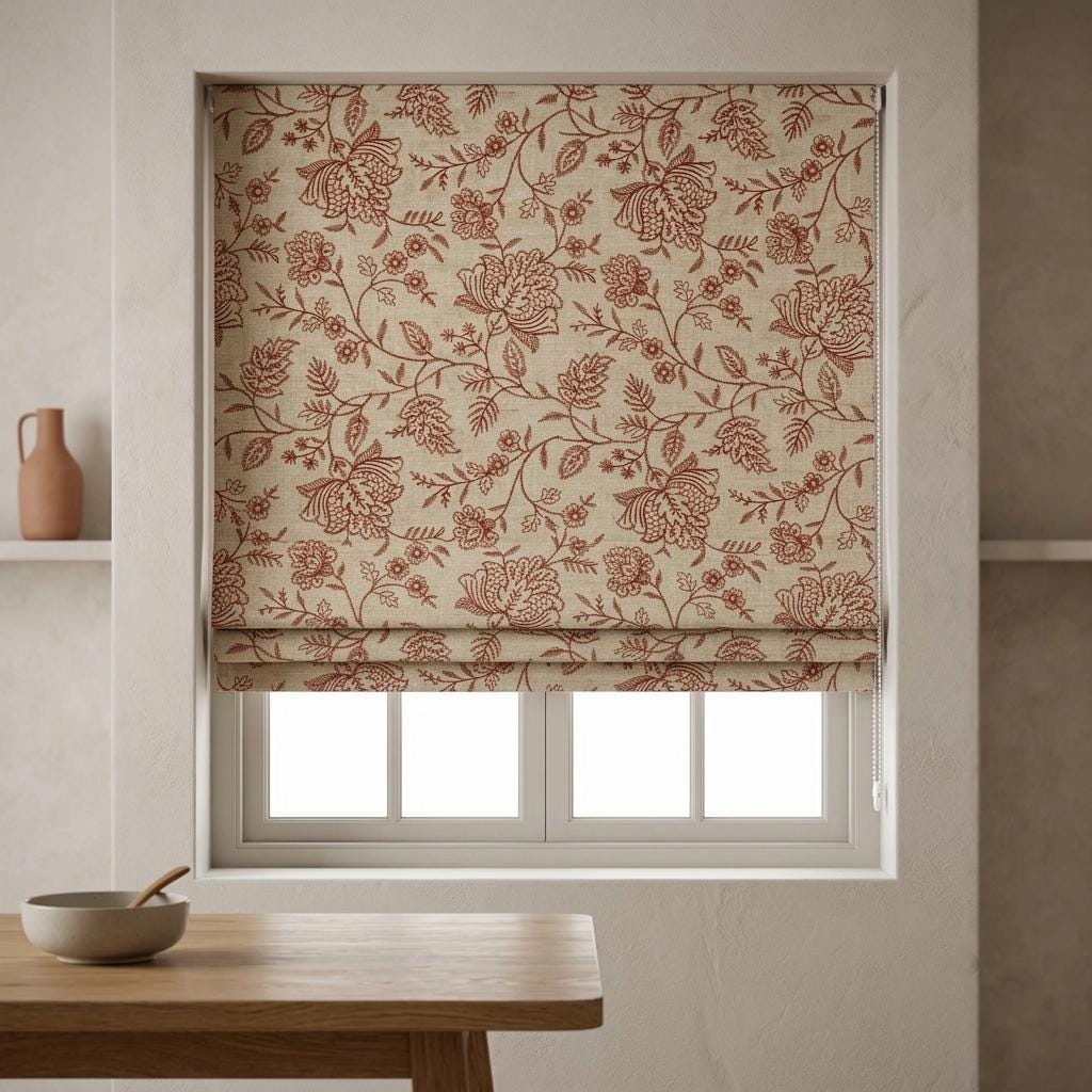 Custom Roman Shades, Beige Linen Roman Blind, Rust Floral Embroidered Window Treatment, Blackout or Cotton Lined — image 6