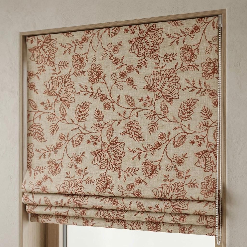 Custom Roman Shades, Beige Linen Roman Blind, Rust Floral Embroidered Window Treatment, Blackout or Cotton Lined — image 7