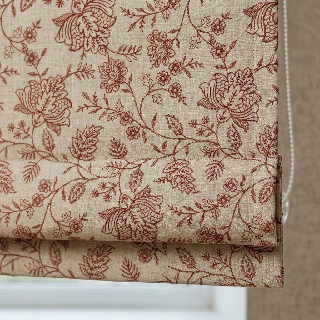 Custom Roman Shades, Beige Linen Roman Blind, Rust Floral Embroidered Window Treatment, Blackout or Cotton Lined — image 1