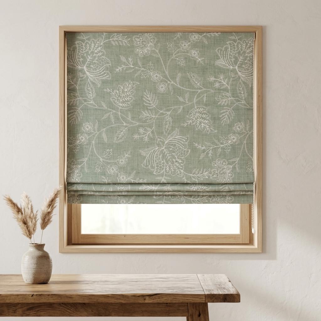 Custom Roman Shades, Sage Green Linen Roman Blind, Ivory Jacobean Floral Embroidered Window Treatment, Blackout or Cotton Lined — image 7
