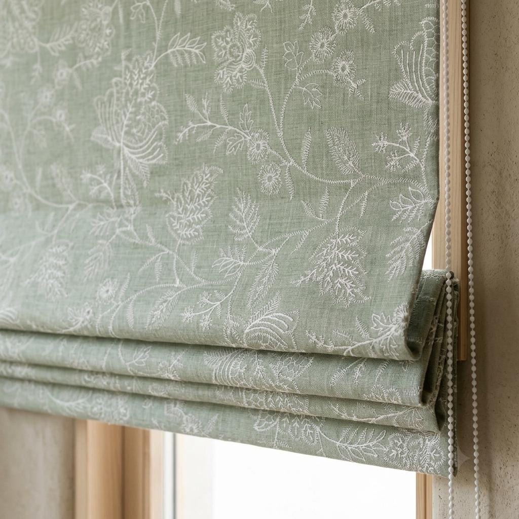 Custom Roman Shades, Sage Green Linen Roman Blind, Ivory Jacobean Floral Embroidered Window Treatment, Blackout or Cotton Lined — image 4