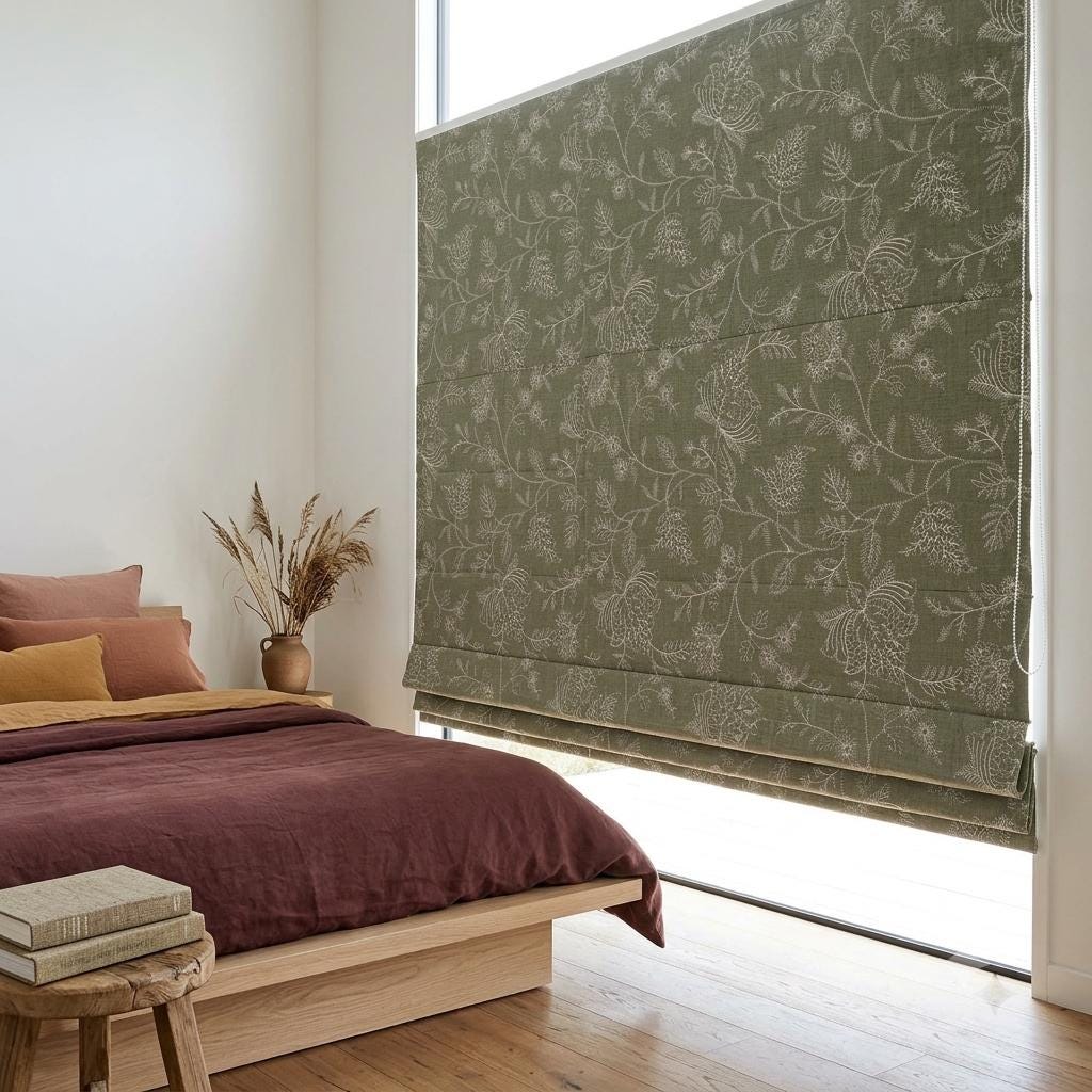 Custom Roman Shades, Sage Green Linen Roman Blind, Ivory Jacobean Floral Embroidered Window Treatment, Blackout or Cotton Lined — image 8
