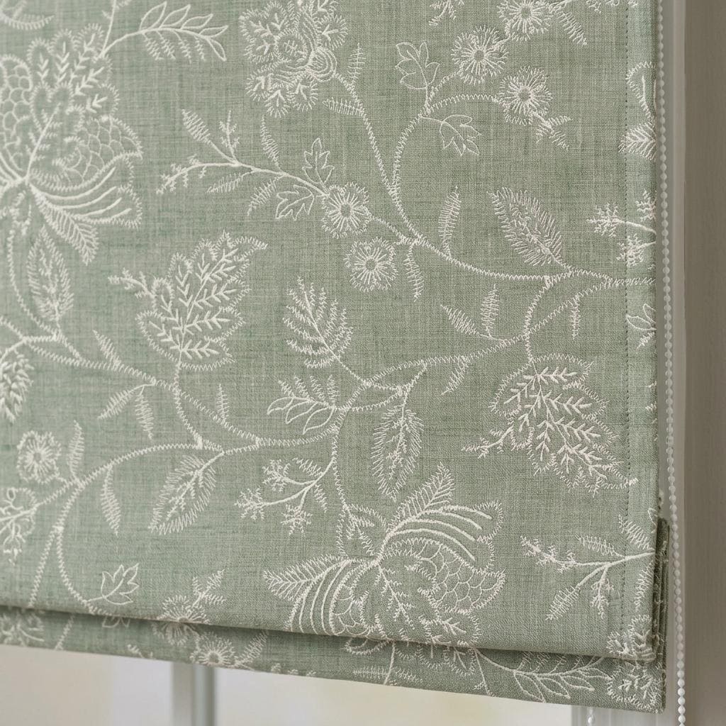 Custom Roman Shades, Sage Green Linen Roman Blind, Ivory Jacobean Floral Embroidered Window Treatment, Blackout or Cotton Lined — image 6