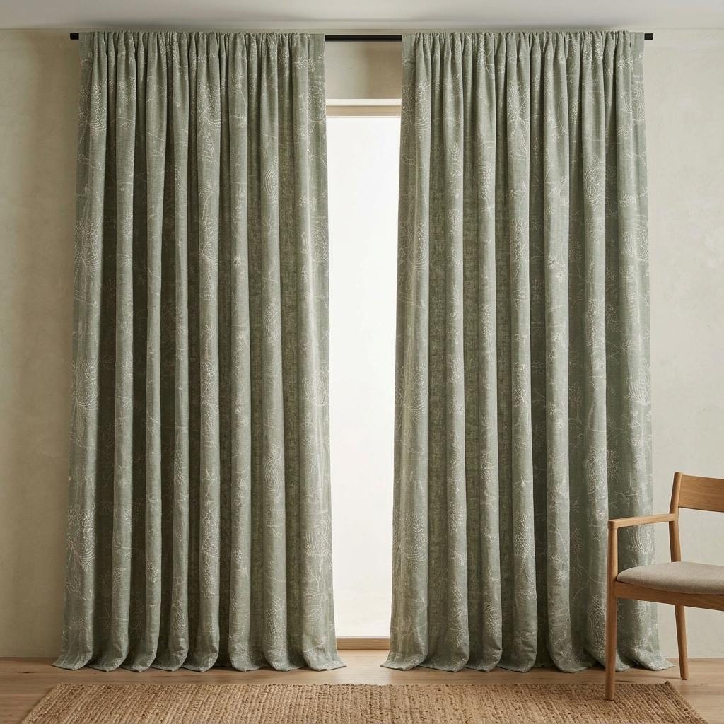 Sage Green Linen Curtains, Ivory Jacobean Floral Embroidered Drapes, Custom Blackout Living Room Curtain Panels — image 4