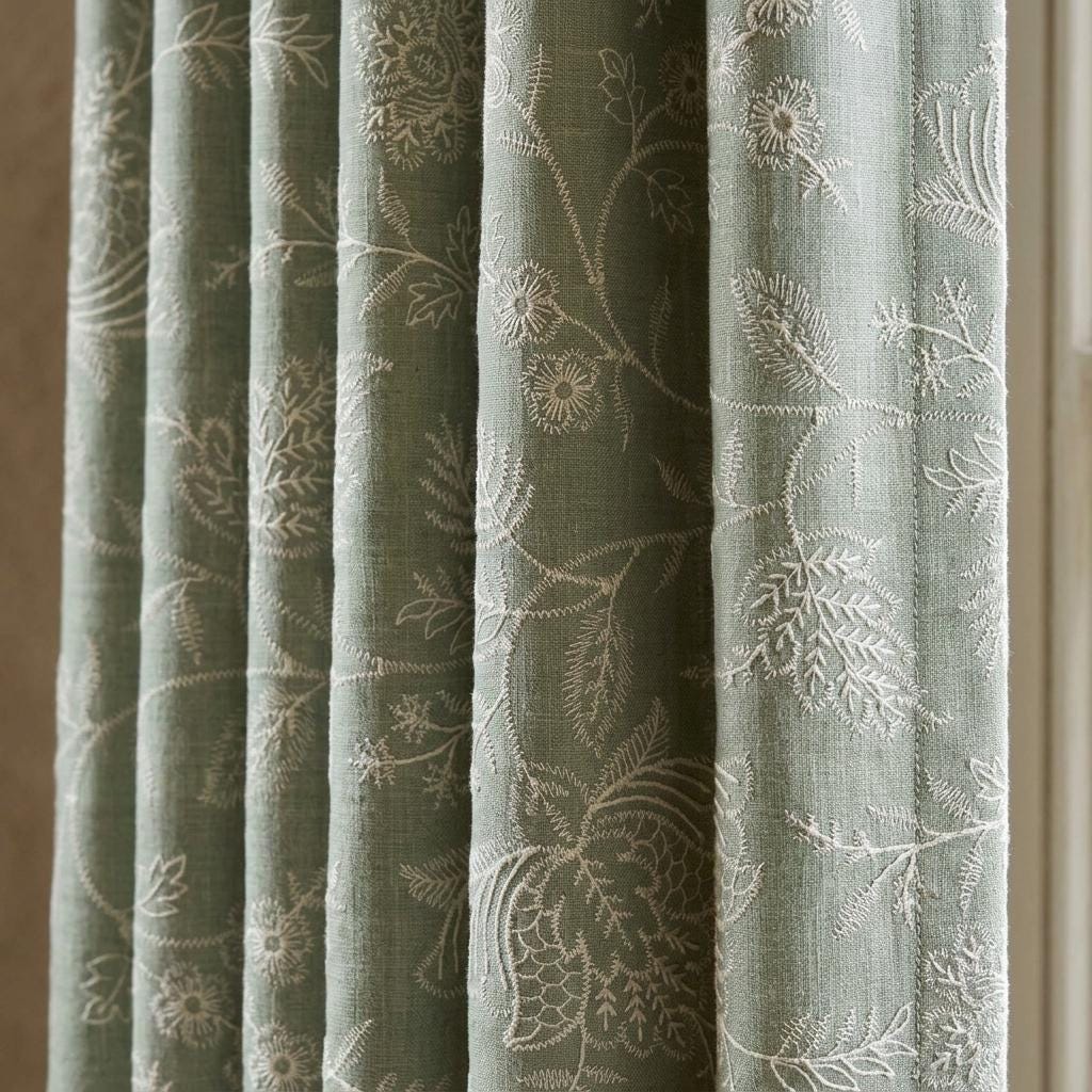 Sage Green Linen Curtains, Ivory Jacobean Floral Embroidered Drapes, Custom Blackout Living Room Curtain Panels — image 1