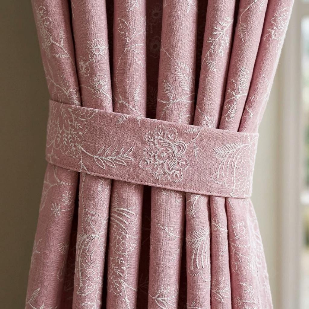 Blush Pink Linen Curtains, Ivory Jacobean Floral Embroidered Drapes, Custom Blackout Living Room Curtain Panels — image 1