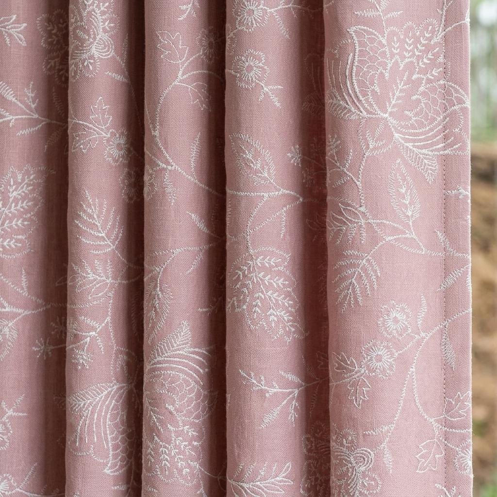Blush Pink Linen Curtains, Ivory Jacobean Floral Embroidered Drapes, Custom Blackout Living Room Curtain Panels — image 1