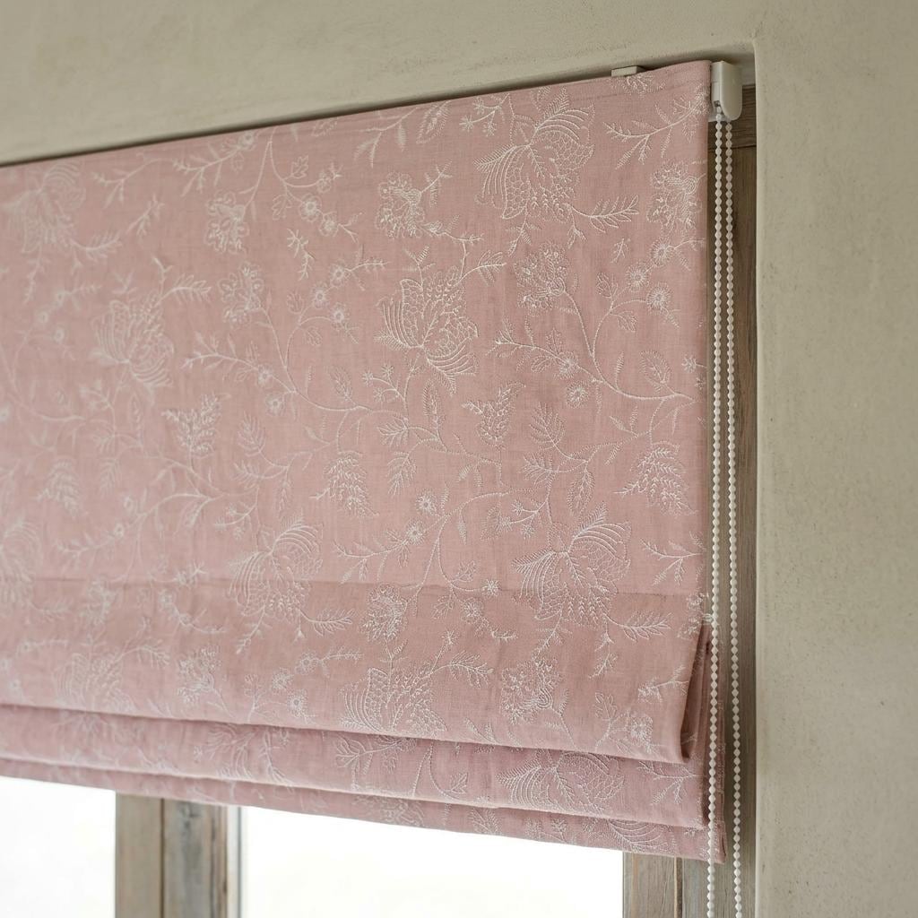 Custom Roman Shades, Blush Pink Linen Roman Blind, Ivory Jacobean Floral Embroidered Window Treatment, Blackout or Cotton Lined — image 4