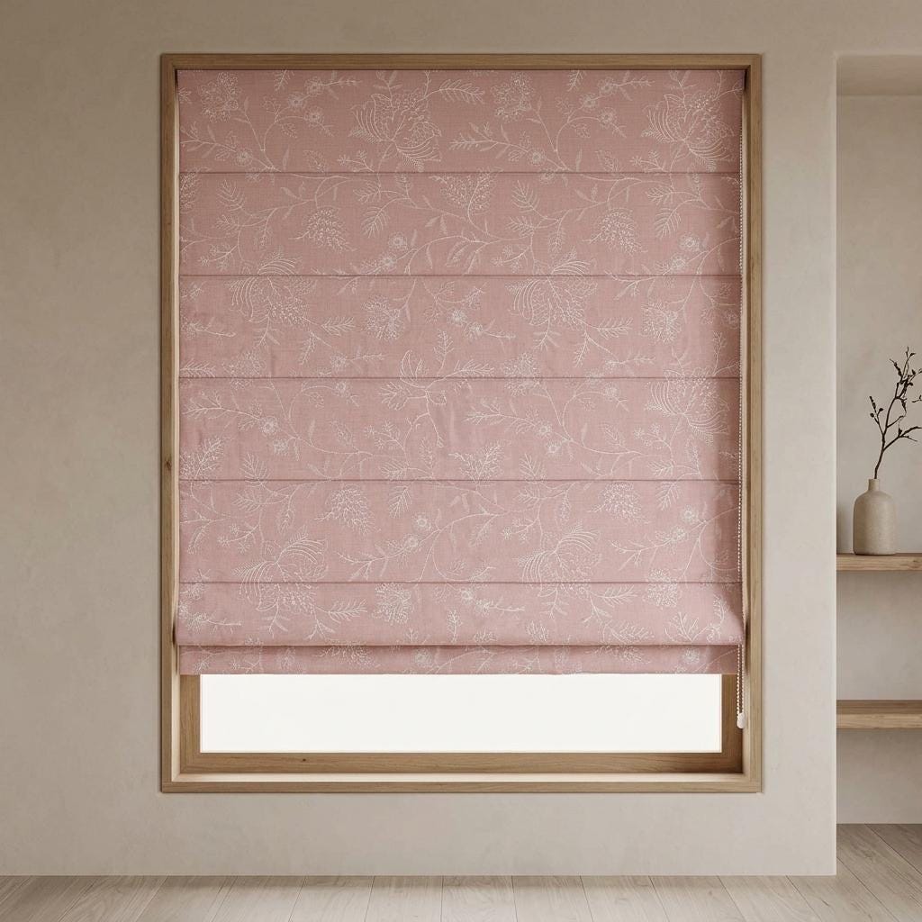 Custom Roman Shades, Blush Pink Linen Roman Blind, Ivory Jacobean Floral Embroidered Window Treatment, Blackout or Cotton Lined — image 8