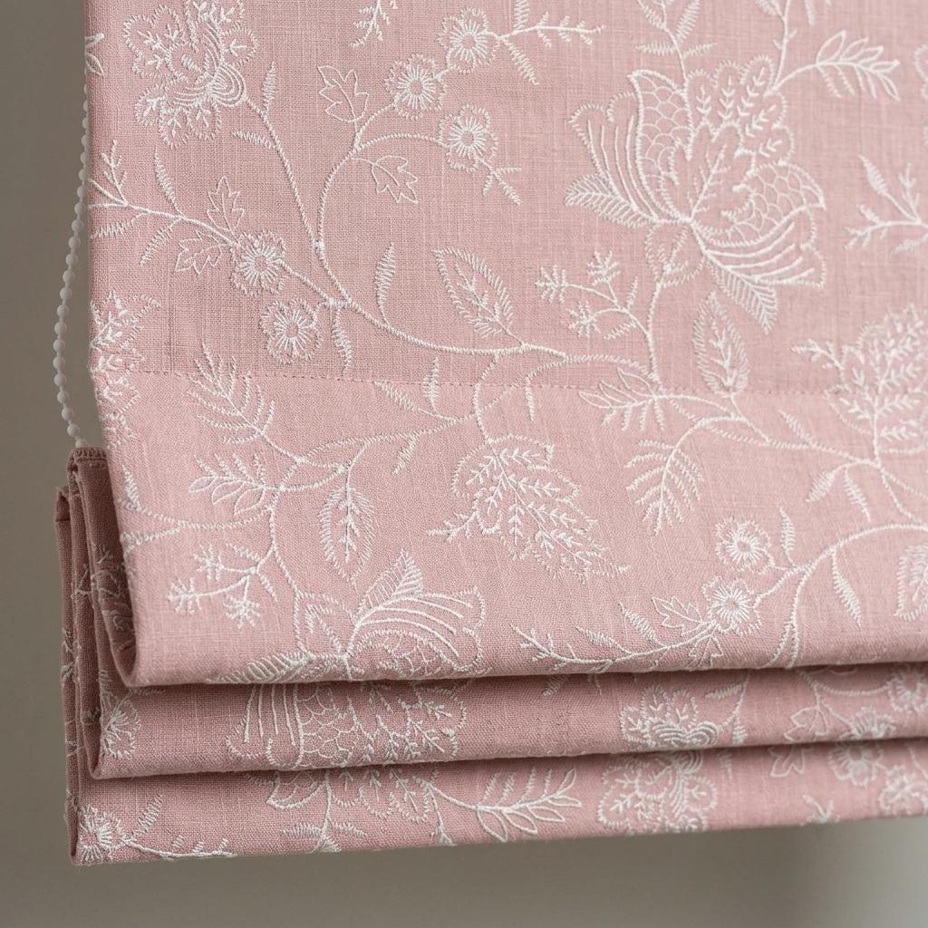Custom Roman Shades, Blush Pink Linen Roman Blind, Ivory Jacobean Floral Embroidered Window Treatment, Blackout or Cotton Lined — image 1