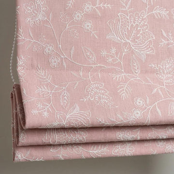 Custom Roman Shades, Blush Pink Linen Roman Blind, Ivory Jacobean Floral Embroidered Window Treatment, Blackout or Cotton Lined — image 1