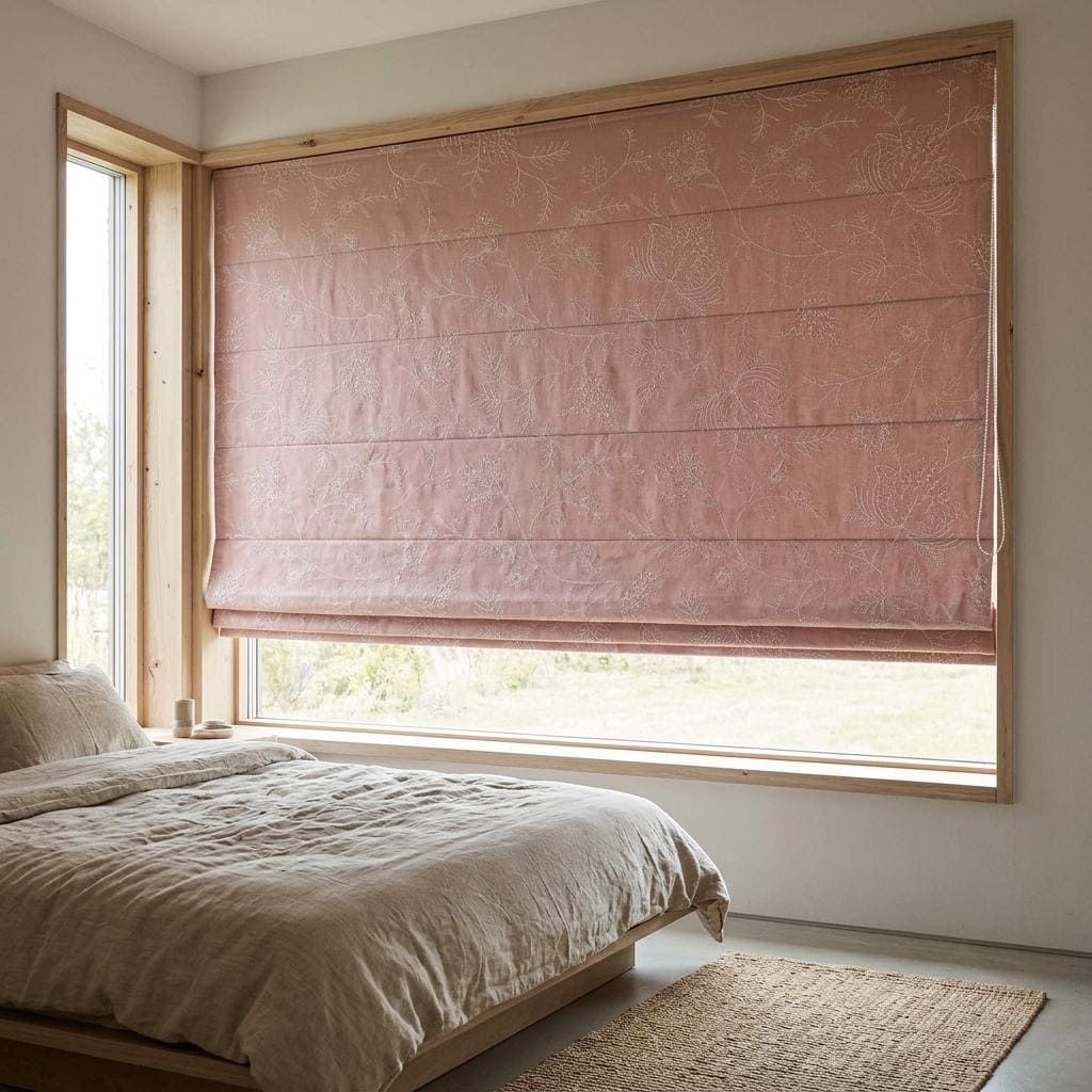 Custom Roman Shades, Blush Pink Linen Roman Blind, Ivory Jacobean Floral Embroidered Window Treatment, Blackout or Cotton Lined — image 2