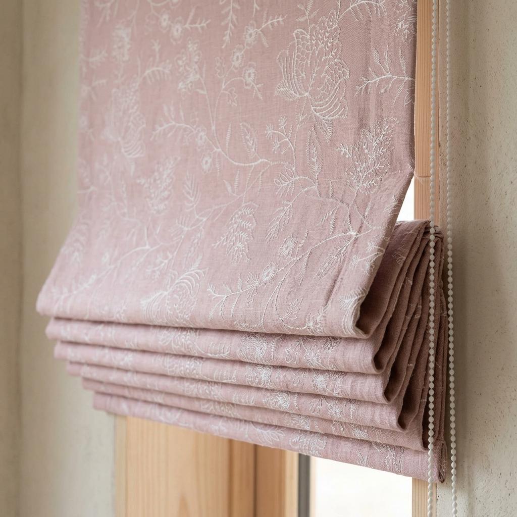Custom Roman Shades, Blush Pink Linen Roman Blind, Ivory Jacobean Floral Embroidered Window Treatment, Blackout or Cotton Lined — image 9