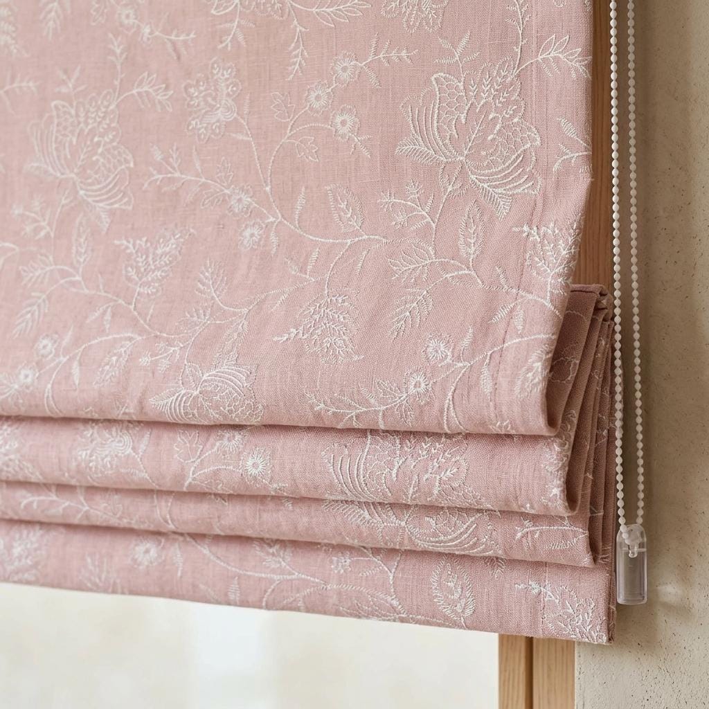 Custom Roman Shades, Blush Pink Linen Roman Blind, Ivory Jacobean Floral Embroidered Window Treatment, Blackout or Cotton Lined — image 7